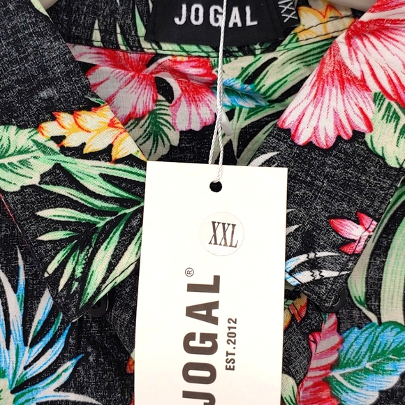 JOGAL Men's Button Up Hawaiian Shirt, Black Hibiscus, Size XXL - Picture 4 of 4
